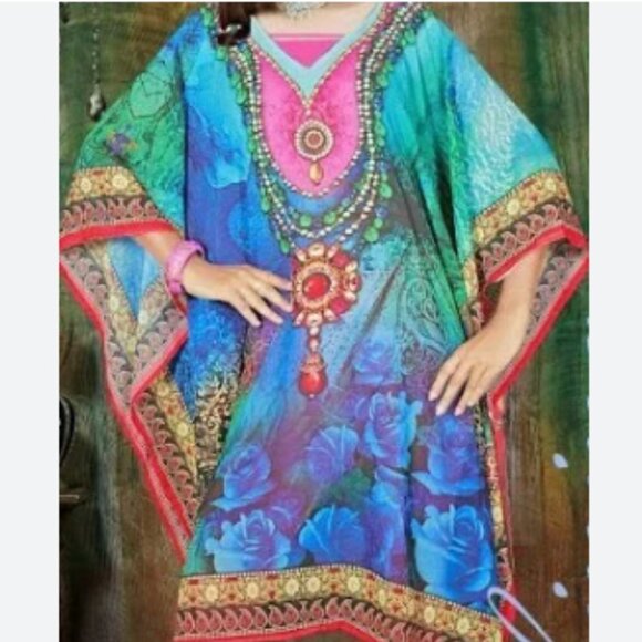 Boho Caftan Tunic – Faux Necklace Print w/ Rhinestones – One Size - Picture 1 of 16